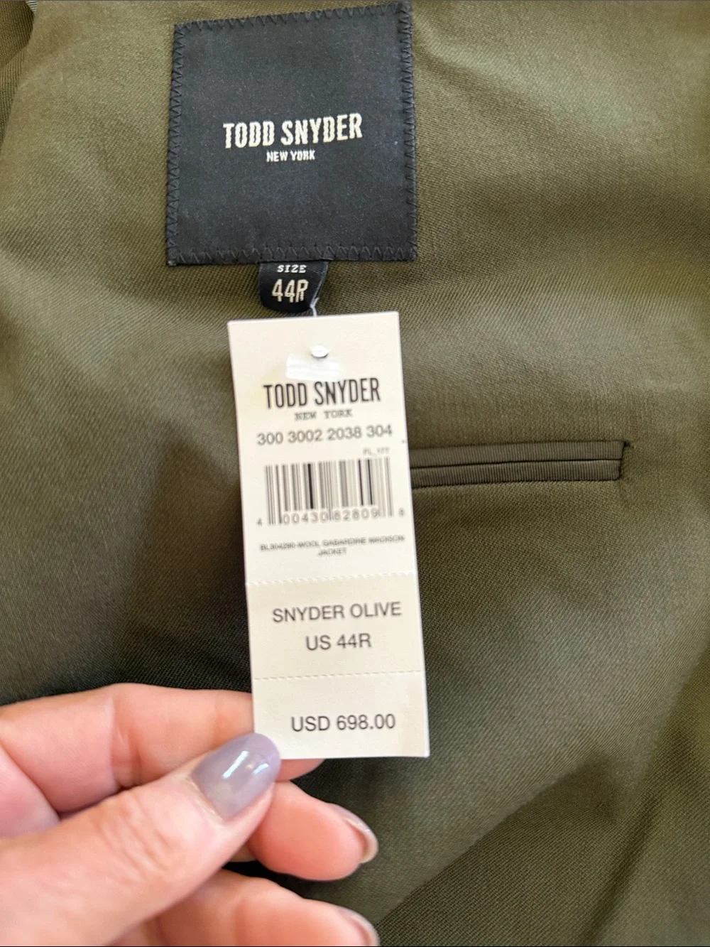 Todd Snyder Olive Wool Gabardine Madison Jacket Sz 44R.  New